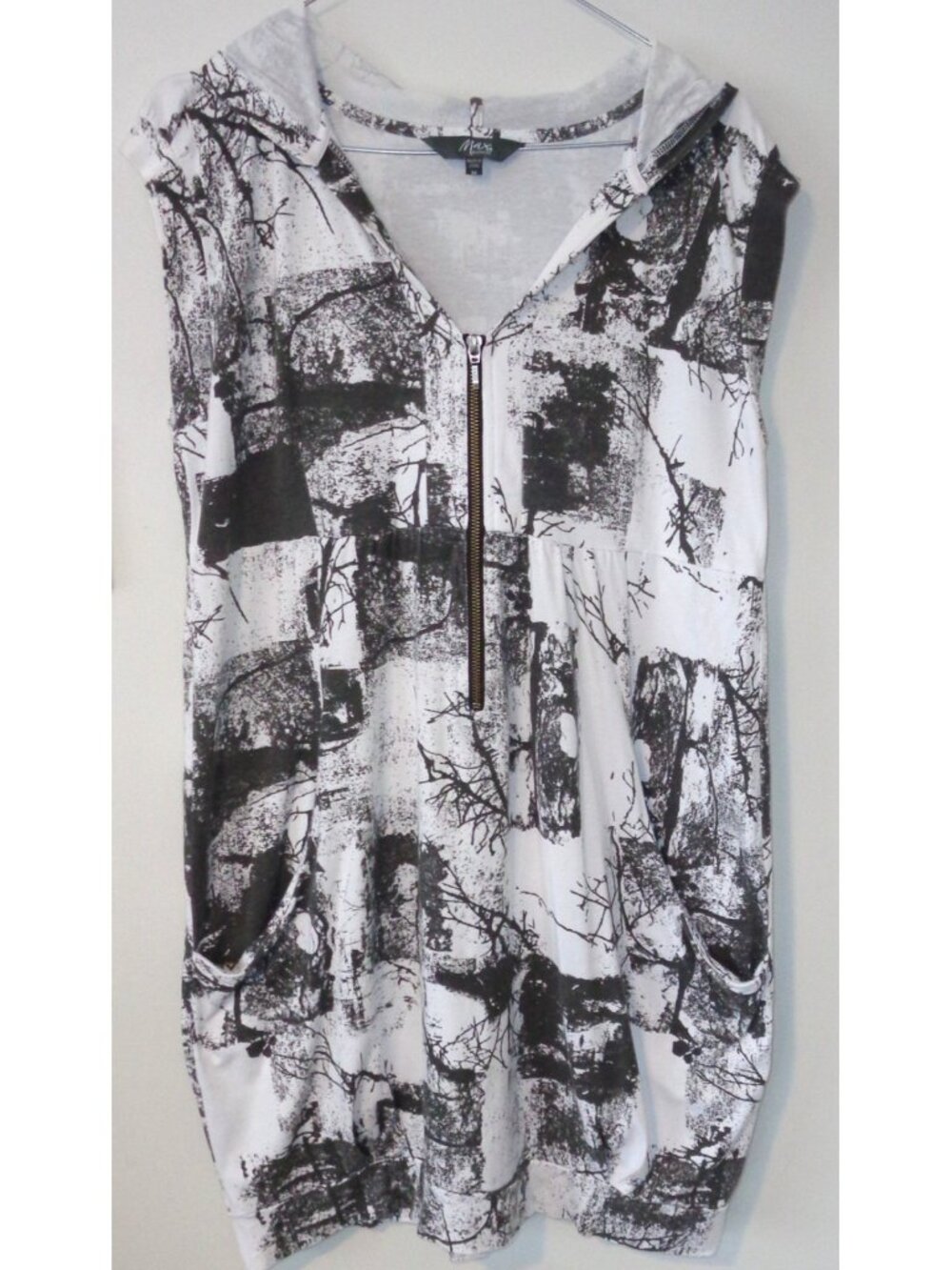 Black White Tree Branch Abstract Zip Hoodie Tunic Dress Pockets Sz M Sleeveless